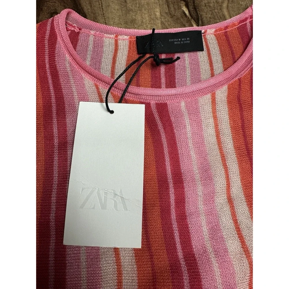 ZARA Pink Red Orange Striped Fine Knit Jumper Top Medium M NWT